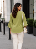 green 3 moss crepe top — close-up detail
