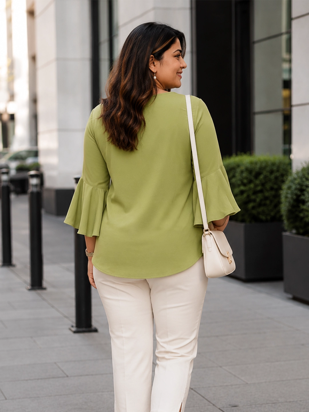 green 3 moss crepe top — close-up detail