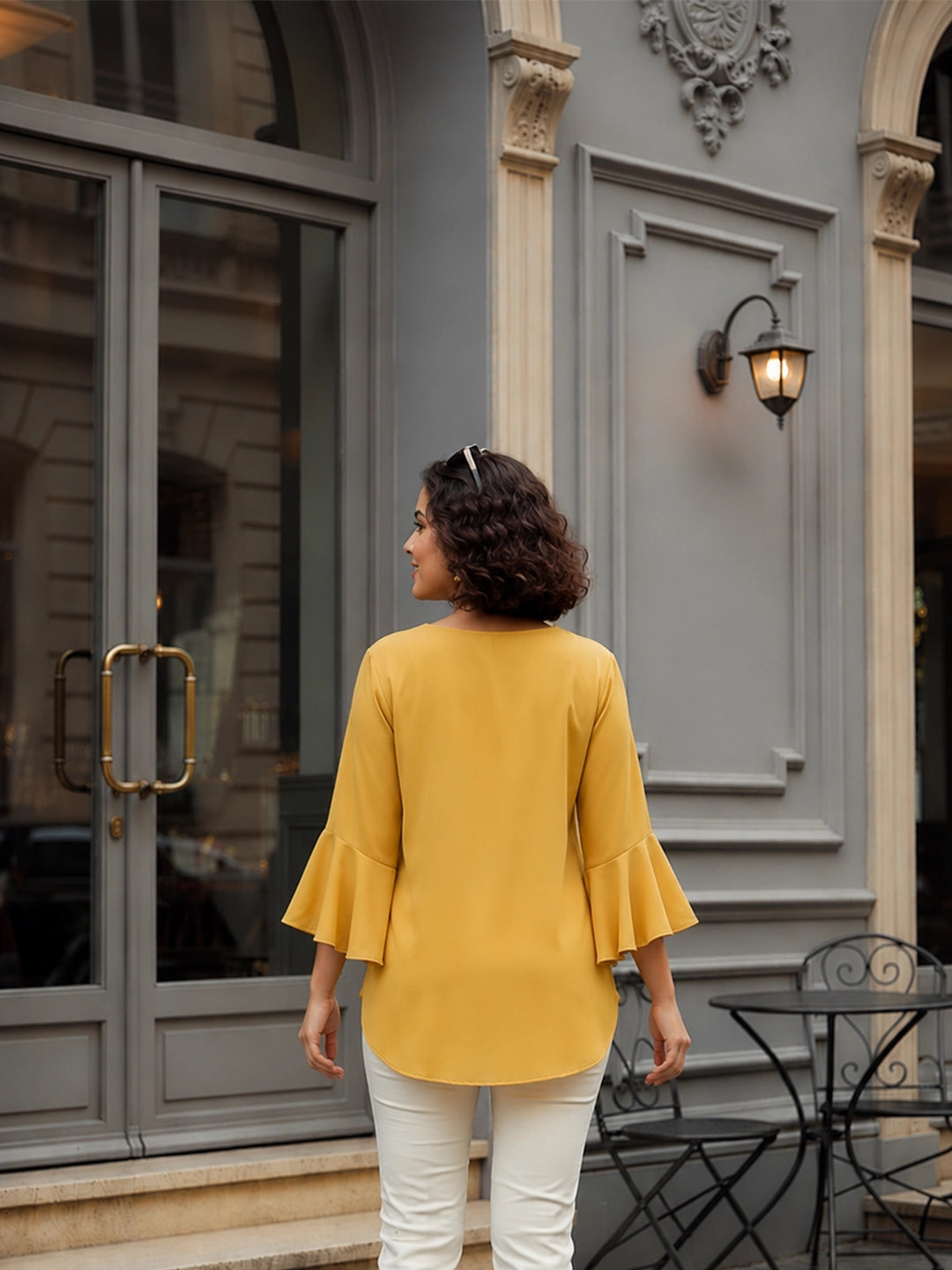 yellow 3 moss crepe top — close-up detail