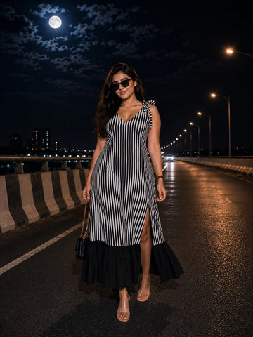 Black V-Neck striped A-Line dress