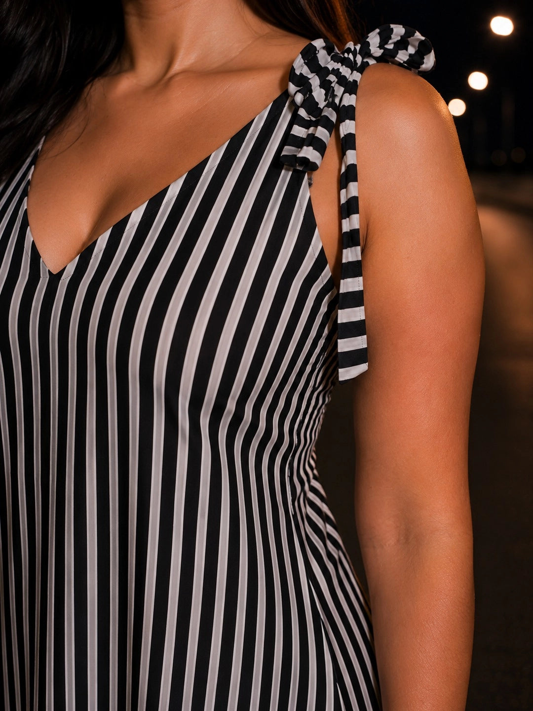 Black V-Neck striped A-Line dress