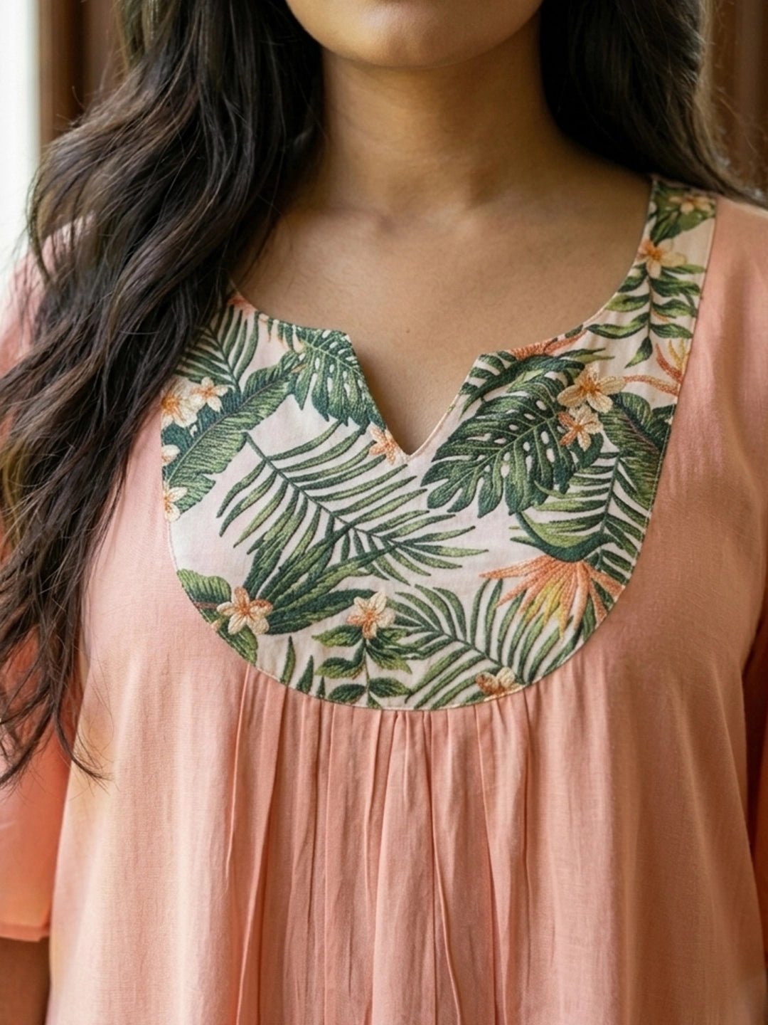 Peach rayon night dress with printed yoke