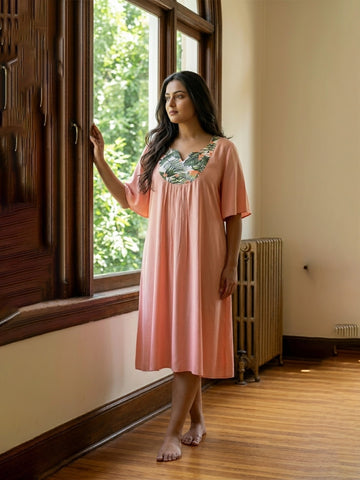 Peach rayon night dress with printed yoke