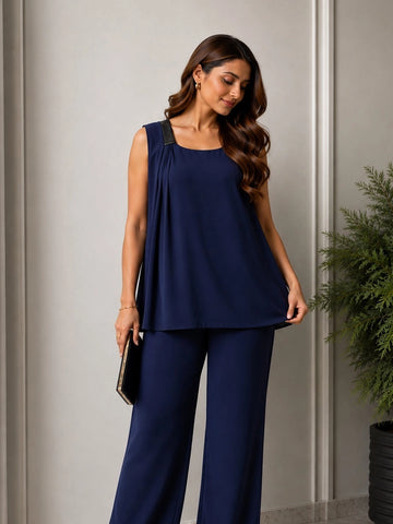 Navy georgette top with leather patch