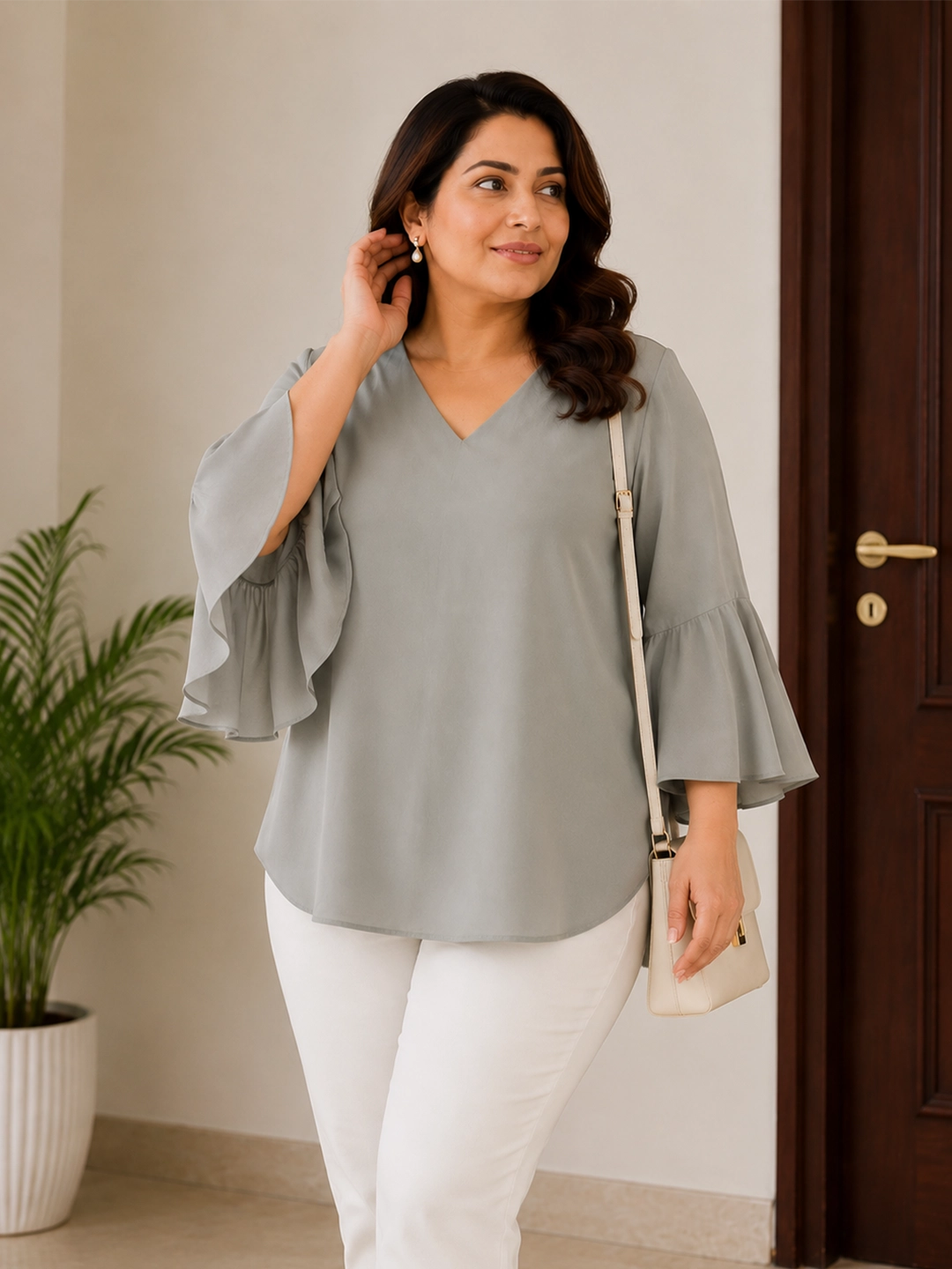 grey 3 moss crepe top for women in sizes XXS to 5XL