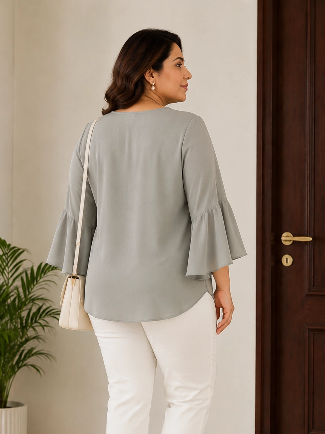 grey 3 moss crepe top — close-up detail