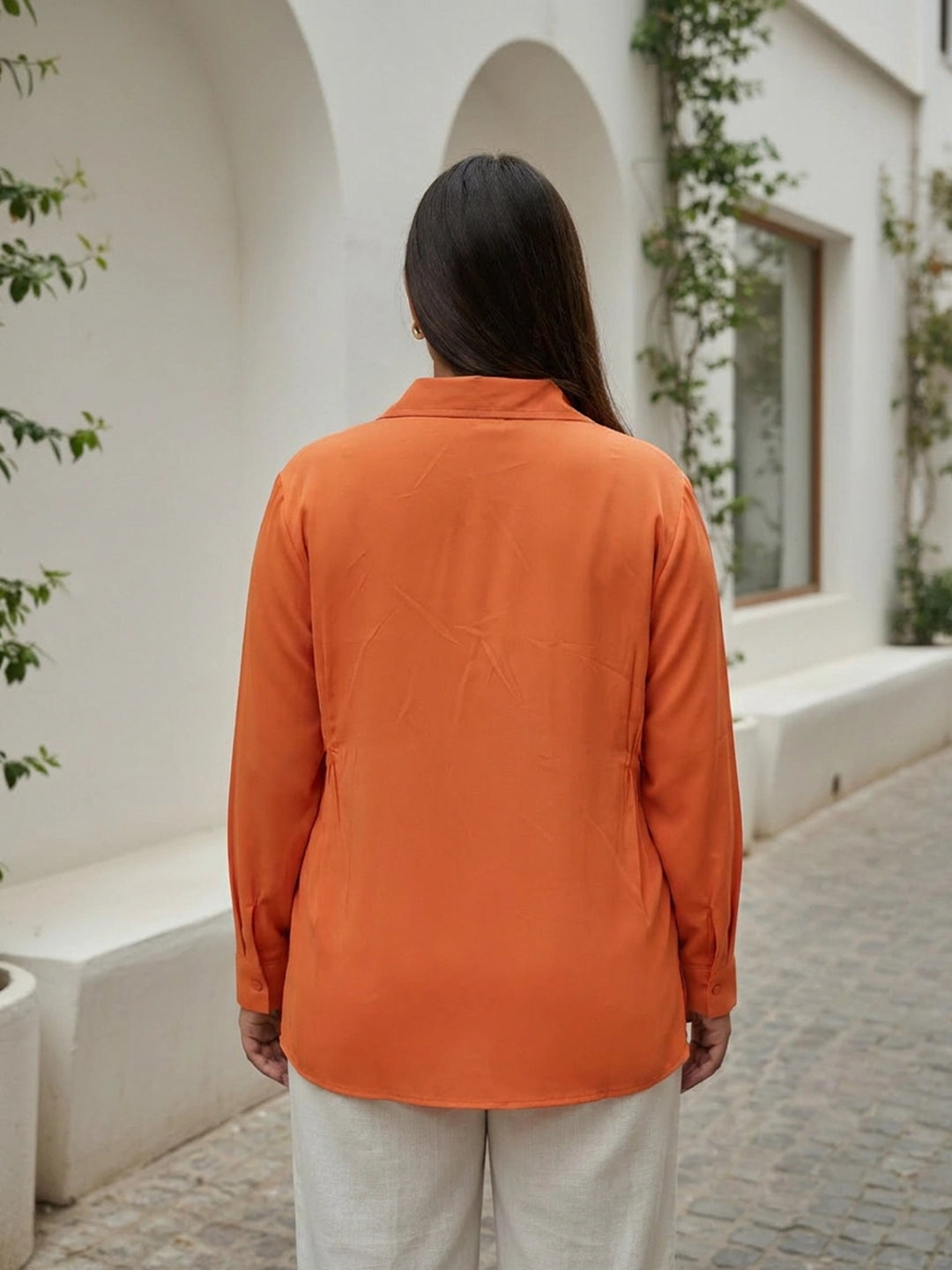 orange 3 crepe shirt — close-up detail