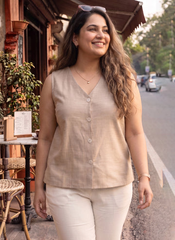 Beige linen vest top