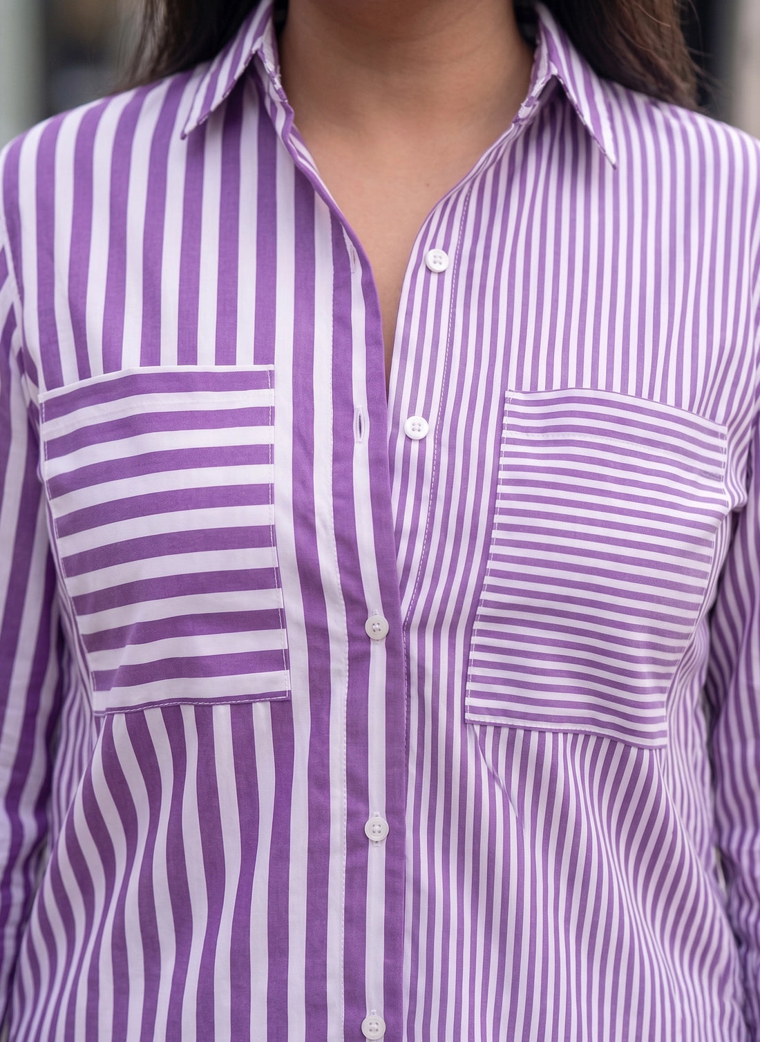Purple & white colorblock stripe cotton shirt