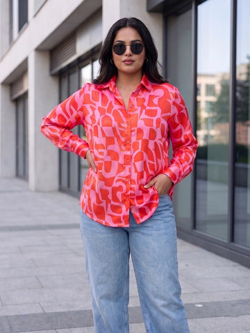 Pink & orange abstract print satin shirt