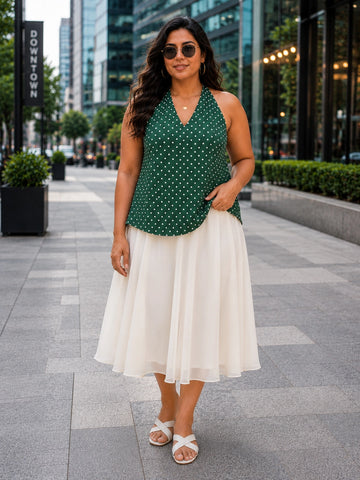 Bottle green polka halter neck top