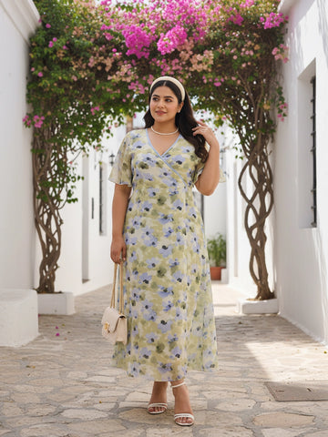 Lime green printed wrap A-line dress