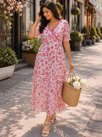 Pink floral print wrap A-line dress