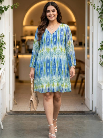 Blue multi print A-line dress