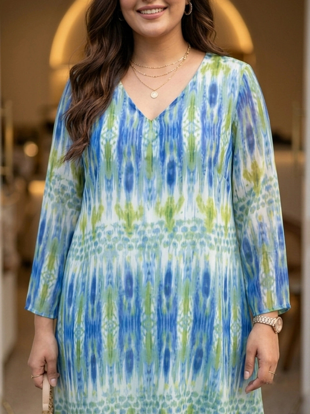 Blue multi print A-line dress
