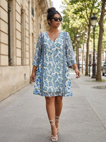 Blue floral print A-line dress