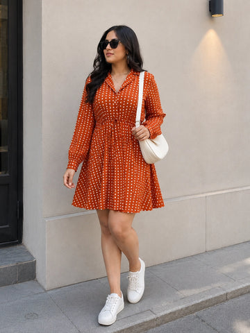 Mustard polka collared fit & flare dress