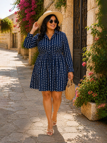 Navy polka collared fit & flare dress