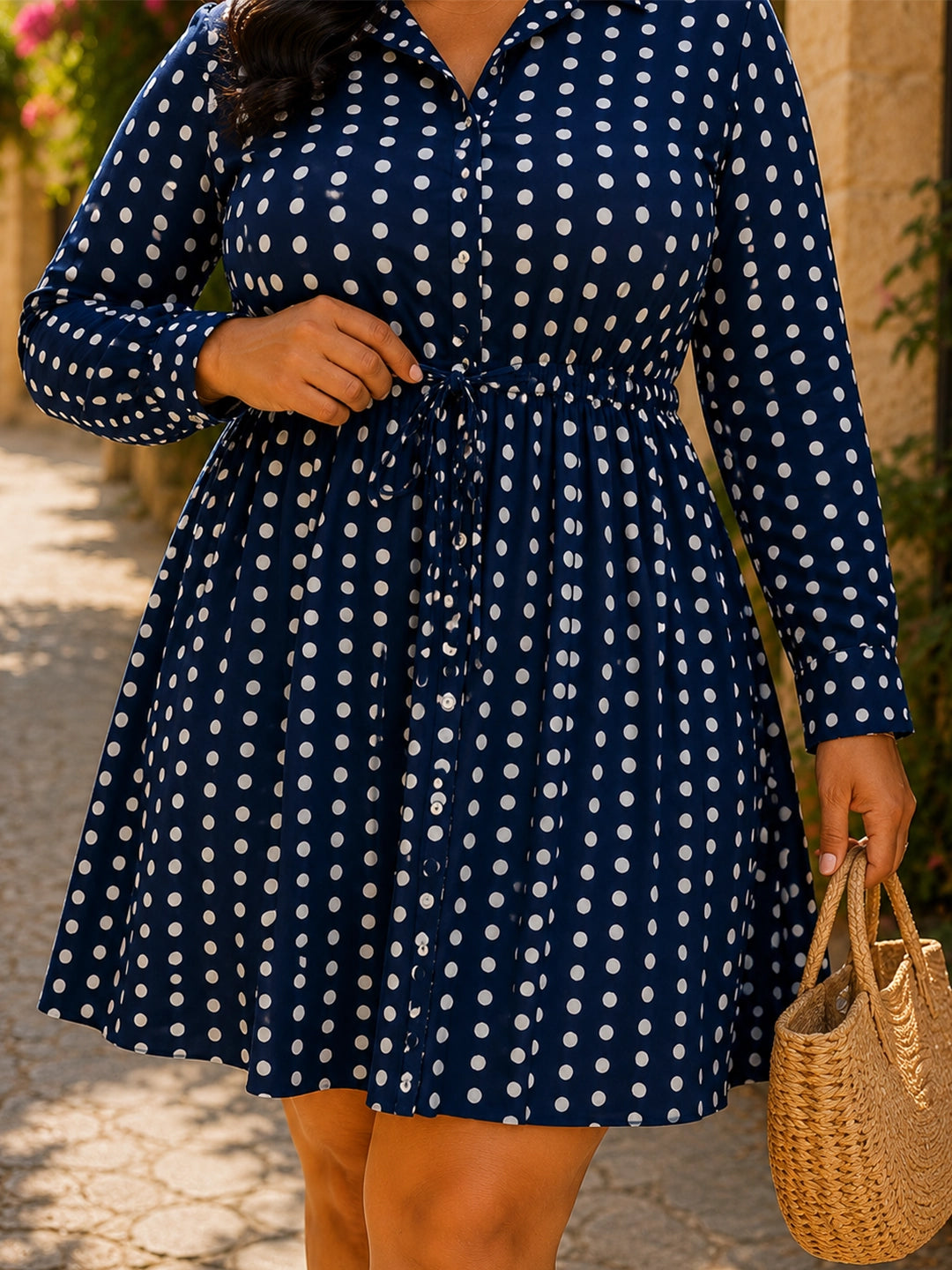 Navy polka collared fit & flare dress