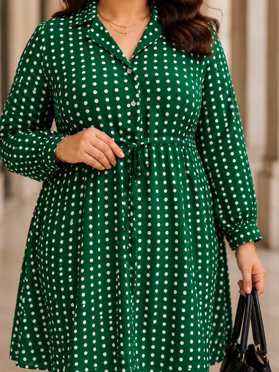 Green polka collared fit & flare dress