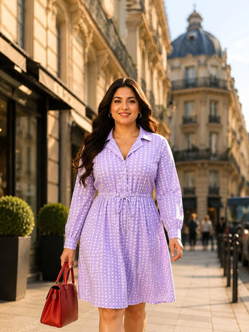 Lavender polka collared fit & flare dress