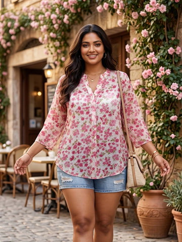 Pink swiss dot  floral print mandarin collar shirt