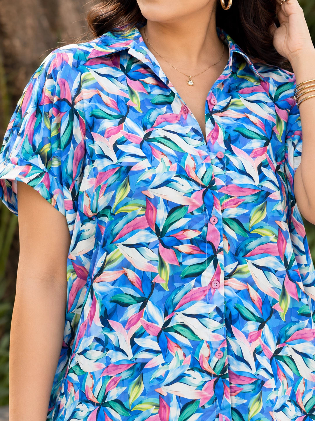 Multi tropical print drop shoulder shirt