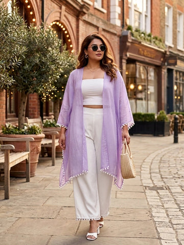 Lavender cotton shrug with white lace detailing
