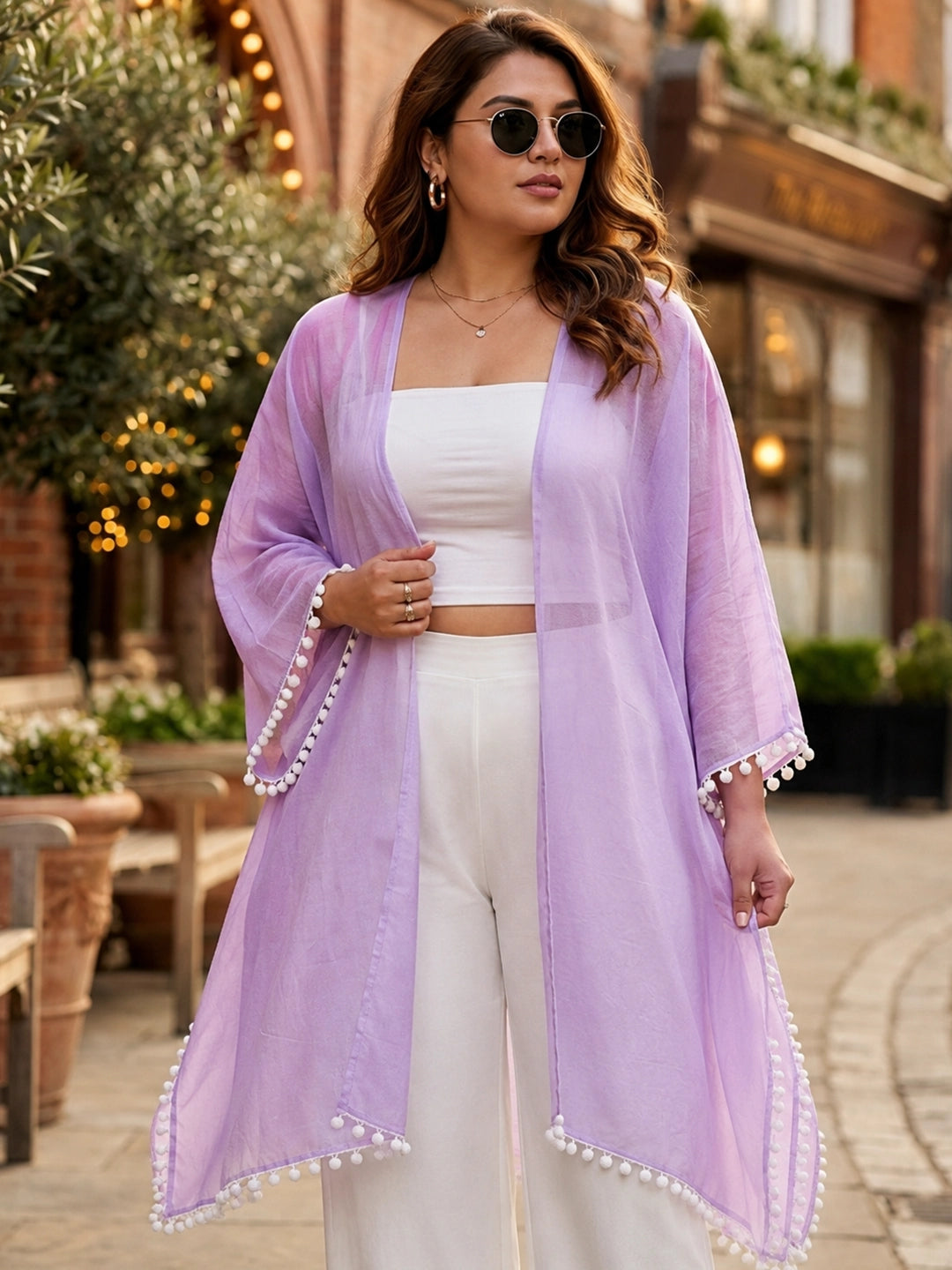 Lavender cotton shrug with white lace detailing