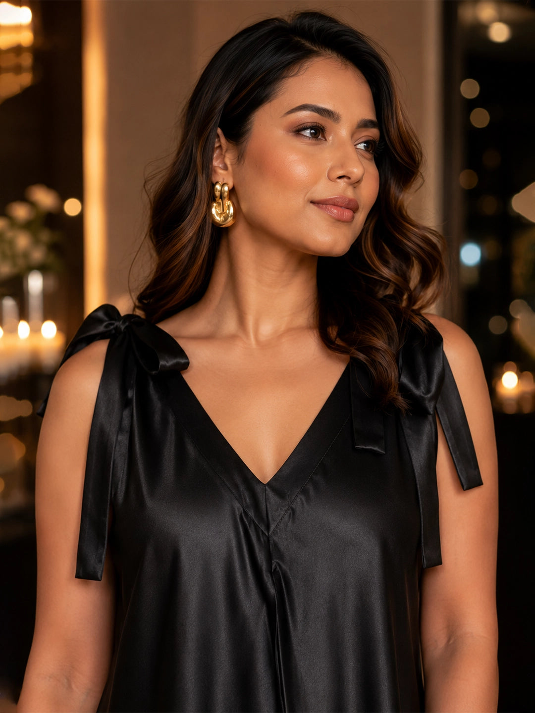 Black A-line dress with shoulder tie ups