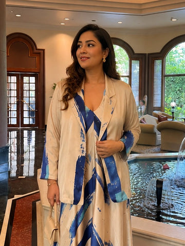Beige abstract print blazer