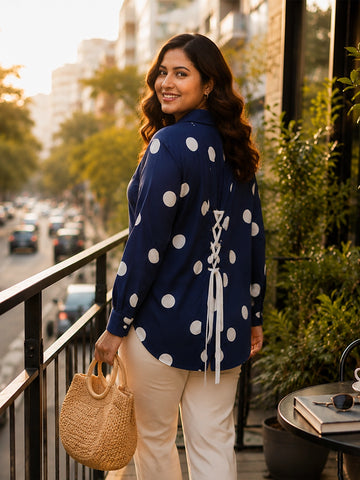 Navy polka tie up back corset shirt