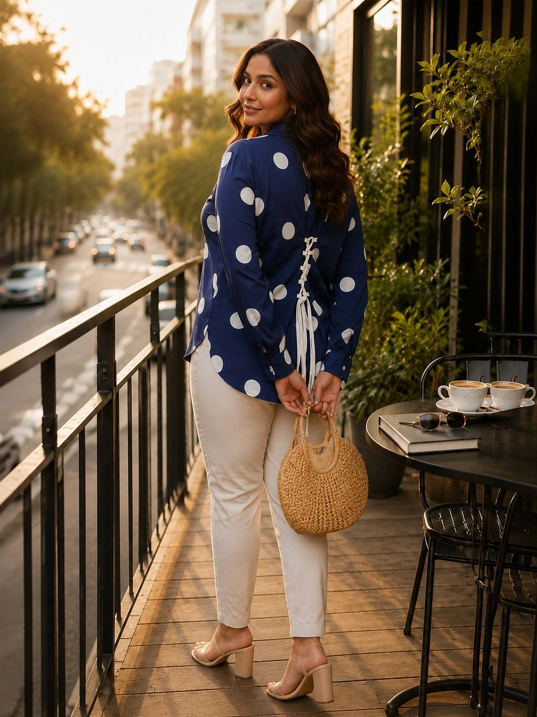 navy polka crepe shirt for women in sizes XXS to 5XL