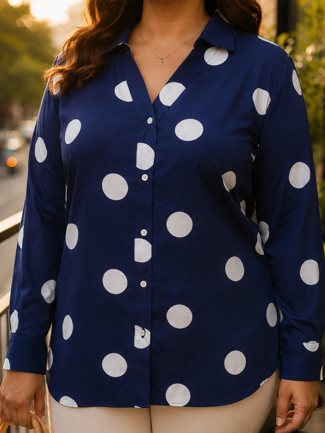 Navy polka tie up back corset shirt