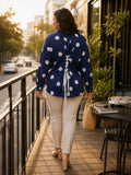 navy polka crepe shirt — close-up detail