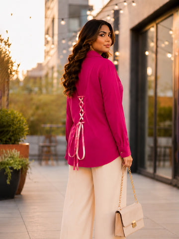 Magenta rayon tie up back corset shirt