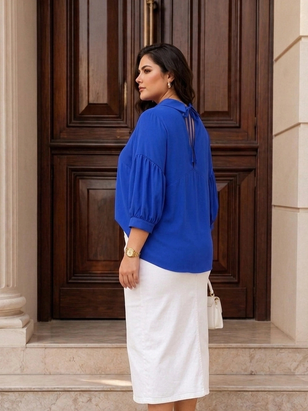 royal blue moss crepe top — back view