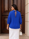 royal blue moss crepe top — close-up detail