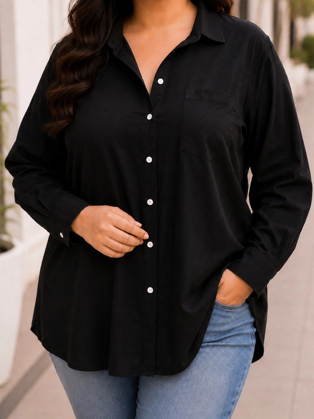 Black full placket shirt with full cuff sleeves