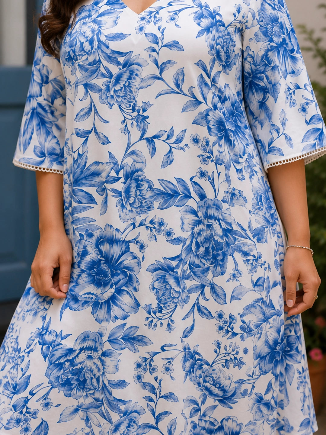 Blue and white floral rayon A-line dress