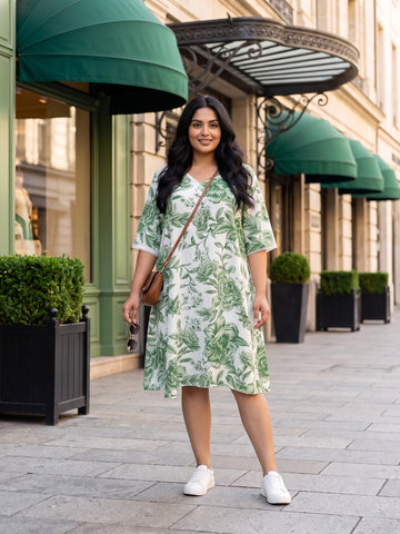 Green and white floral rayon A-line dress