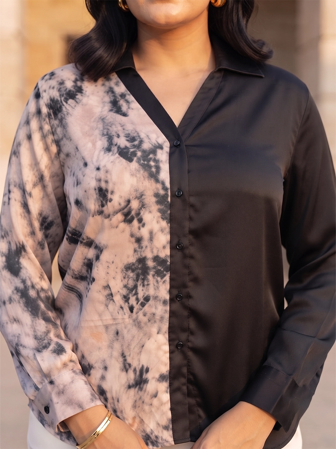 Black contrast tie up back corset shirt