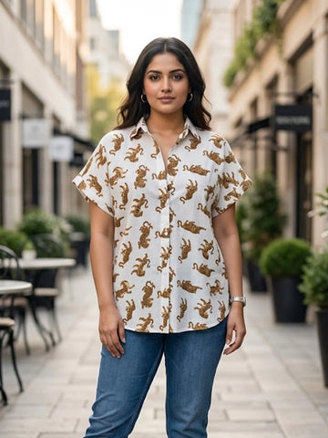 White tiger print cotton shirt
