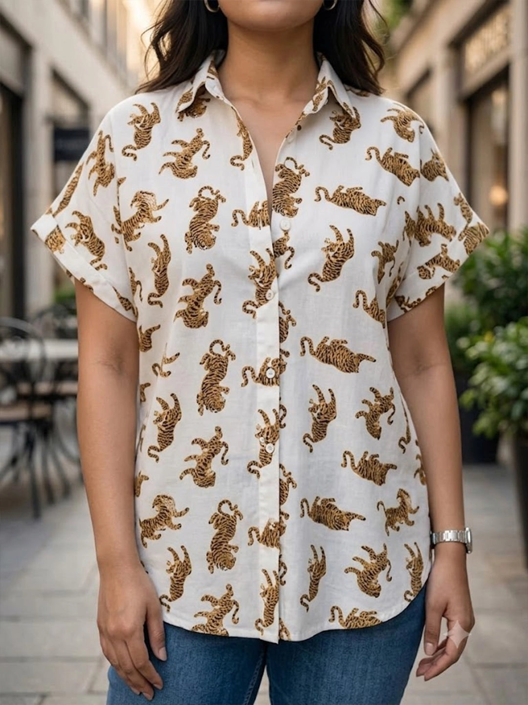 White tiger print cotton shirt