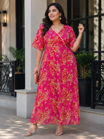 Magenta floral wrap A-line georgette dress