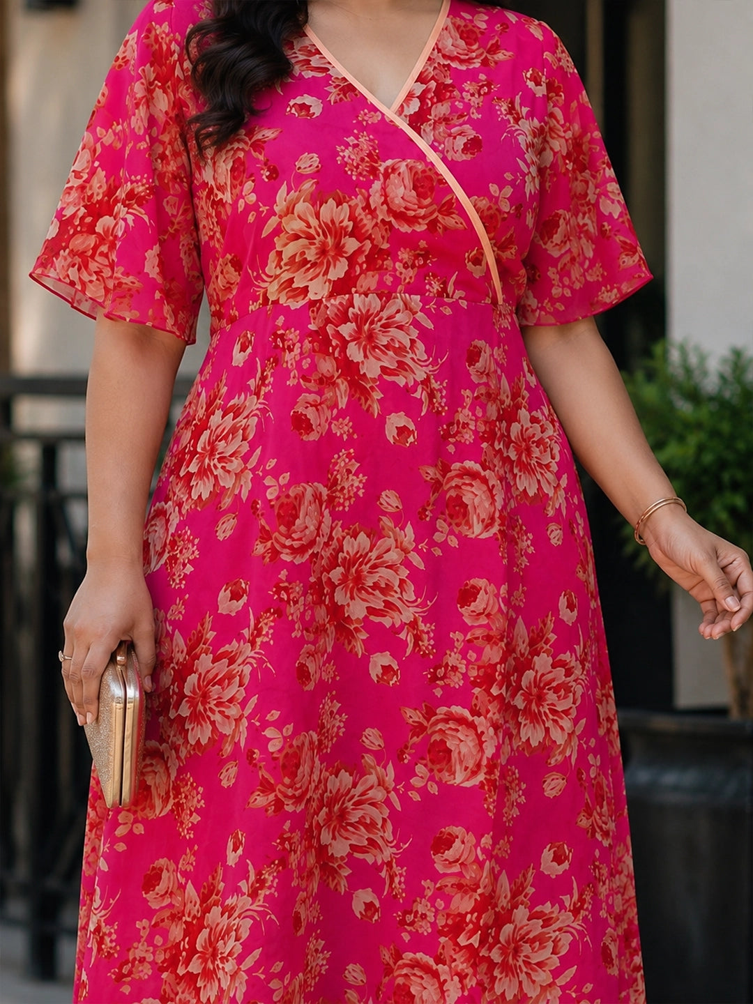 Magenta floral wrap A-line georgette dress