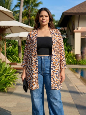 Orange & Navy Geometrical Print Shrug