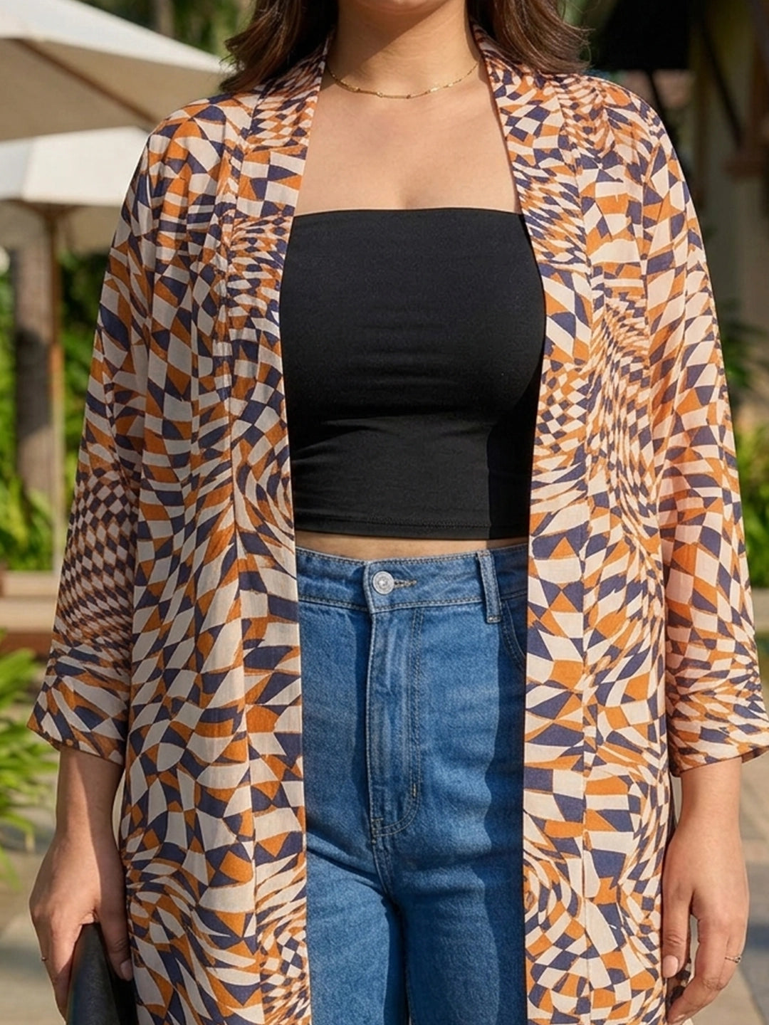Orange & Navy Geometrical Print Shrug
