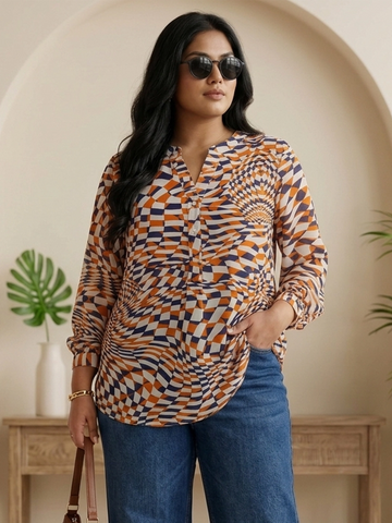 Geometric print mandarin collar shirt