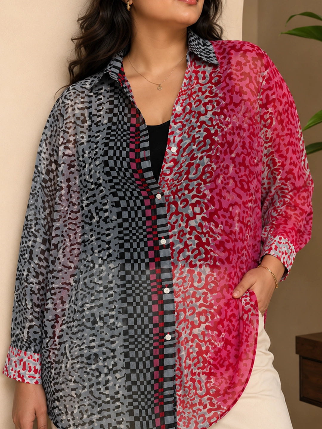 Pink leopard print georgette shirt